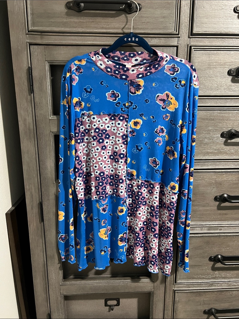 Blue Floral Patchwork Long Sleeve Top